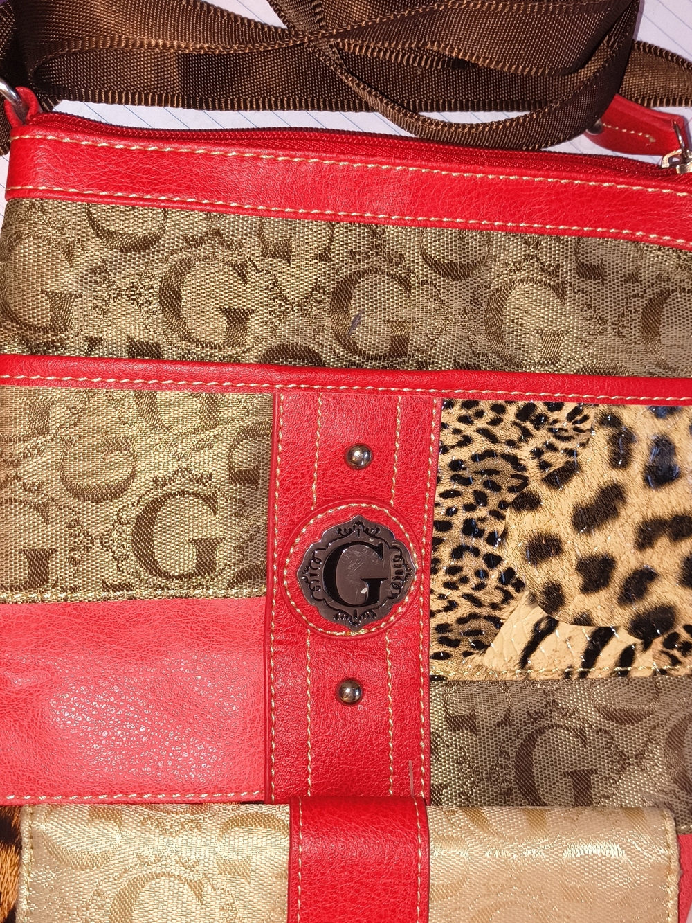 Designer-Inspired Red & Brown Crossbody Bag with Leopard Accent